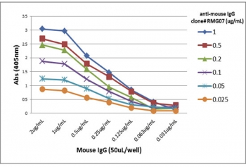 ELISA Titration: the plate was coated with different amounts of mouse IgG. A serial dilution of the recombinant Mouse IgG antibody was used as the primary and an alkaline phosphatase conjugated anti-goat IgG as the secondary.