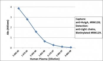 Sandwich ELISA of human plasma using the recombinant Human IgA antibody as the capture (100ng/well), and biotinylated anti-human light chains (Îº+Î») antibody RM129 as the detect, followed by an alkaline phosphatase conjugated streptavidin.