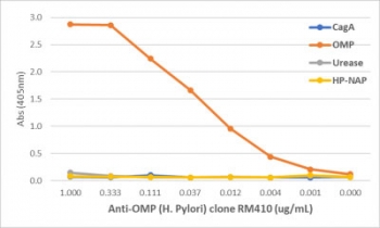 An ELISA of Helicobacter Pylori proteins using recombinant Helicobacter pylori OMP antibody. The plate was coated with 1 ug/ml of CagA, OMP, Urease, or HP-NAP of H. Pylori. A serial dilution of the RM410 mAb was used as the primary antibody. An alkaline phosphatase conjugated anti-rabbit IgG was used as the secondary antibody.