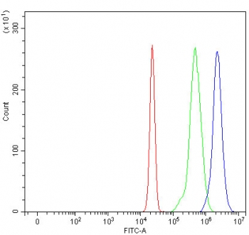 Flow cytometry testing of fixed and permeabilized human HL60 cells with ACSL5 antibody at 1ug/million cells (blocked with goat sera); Red=cells alone, Green=isotype control, Blue= ACSL5 antibody.