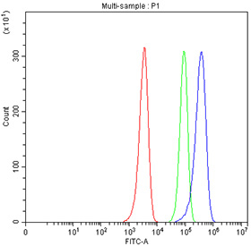 Flow cytometry testing of fixed human HEL cells with ICAM2 antibody at 1ug/million cells (blocked with goat sera); Red=cells alone, Green=isotype control, Blue= ICAM2 antibody.