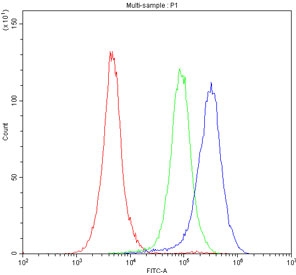 Flow cytometry testing of fixed and permeabilized mouse RAW264.7 cells with P-Selectin antibody at 1ug/million cells (blocked with goat sera); Red=cells alone, Green=isotype control, Blue= P-Selectin antibody.