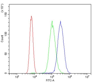 Flow cytometry testing of human U937 cells with HOMER3 antibody at 1ug/million cells (blocked with goat sera); Red=cells alone, Green=isotype control, Blue= HOMER3 antibody.