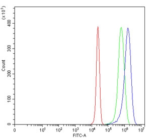 Flow cytometry testing of human HepG2 cells with DSG3 antibody at 1ug/million cells (blocked with goat sera); Red=cells alone, Green=isotype control, Blue= DSG3 antibody.
