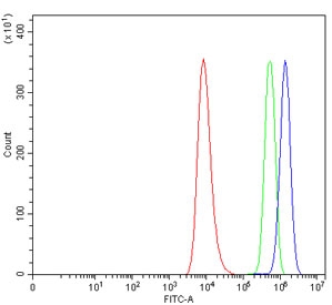 Flow cytometry testing of human HEL cells with Alpha/beta-hydrolase 4 antibody at 1ug/million cells (blocked with goat sera); Red=cells alone, Green=isotype control, Blue= Alpha/beta-hydrolase 4 antibody.