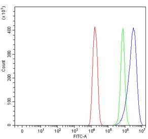 Flow cytometry testing of mouse HEPA1-6 cells with FXR2 antibody at 1ug/million cells (blocked with goat sera); Red=cells alone, Green=isotype control, Blue= FXR2 antibody.