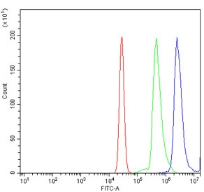 Flow cytometry testing of fixed and permeabilized human U937 cells with STAT6 antibody at 1ug/million cells (blocked with goat sera); Red=cells alone, Green=isotype control, Blue= STAT6 antibody.