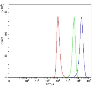 Flow cytometry testing of human HEL cells with HAVCR2 antibody at 1ug/million cells (blocked with goat sera); Red=cells alone, Green=isotype control, Blue= HAVCR2 antibody.