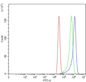 Flow cytometry testing of human MCF7 cells with RAB23 antibody at 1ug/million cells (blocked with goat sera); Red=cells alone, Green=isotype control, Blue= RAB23 antibody.
