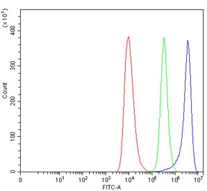 Flow cytometry testing of human HEL cells with ADRA2A antibody at 1ug/million cells (blocked with goat sera); Red=cells alone, Green=isotype control, Blue= ADRA2A antibody.