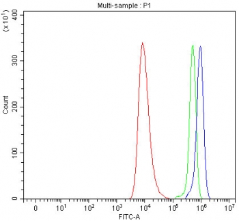 Flow cytometry testing of human HEL cells with SEMA7A antibody at 1ug/million cells (blocked with goat sera); Red=cells alone, Green=isotype control, Blue= SEMA7A antibody.