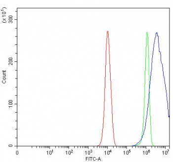 Flow cytometry testing of fixed and permeabilized human PC-3 cells with Carcinoembryonic Antigen antibody at 1ug/million cells (blocked with goat sera); Red=cells alone, Green=isotype control, Blue= Carcinoembryonic Antigen antibody.
