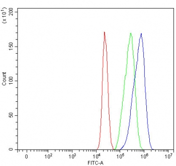 Flow cytometry testing of fixed and permeabilized human MCF7 cells with Twinfilin 1 antibody at 1ug/million cells (blocked with goat sera); Red=cells alone, Green=isotype control, Blue= Twinfilin 1 antibody.