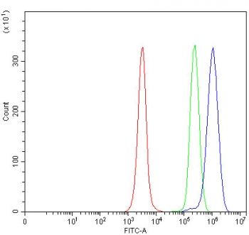 Flow cytometry testing of fixed and permeabilized human JK cells with MFSD13A antibody at 1ug/million cells (blocked with goat sera); Red=cells alone, Green=isotype control, Blue= MFSD13A antibody.