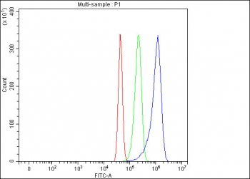 Flow cytometry testing of fixed and permeabilized mouse RAW264.7 cells with Lymphotoxin beta antibody at 1ug/million cells (blocked with goat sera); Red=cells alone, Green=isotype control, Blue= Lymphotoxin beta antibody.