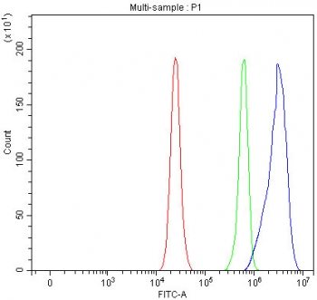 Flow cytometry testing of fixed and permeabilized human RT4 cells with MPPE1 antibody at 1ug/million cells (blocked with goat sera); Red=cells alone, Green=isotype control, Blue= MPPE1 antibody.