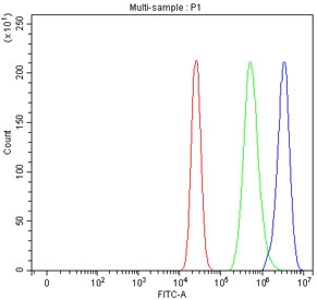 Flow cytometry testing of fixed and permeabilized human MCF-7 cells with ITPK1 antibody at 1ug/million cells (blocked with goat sera); Red=cells alone, Green=isotype control, Blue= ITPK1 antibody.