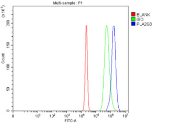 Flow cytometry testing of fixed and permeabilized human HepG2 cells with PLA2G3 antibody at 1ug/million cells (blocked with goat sera); Red=cells alone, Green=isotype control, Blue= PLA2G3 antibody.