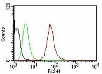 Flow Cytometric analysis of human Pan-Cytokeratins on HeLa cells. Black: cells alone; Green: Isotype Control; Red: PE-labeled Pan-Cytokeratin Monoclonal antibody (clone SPM115 + SPM116).